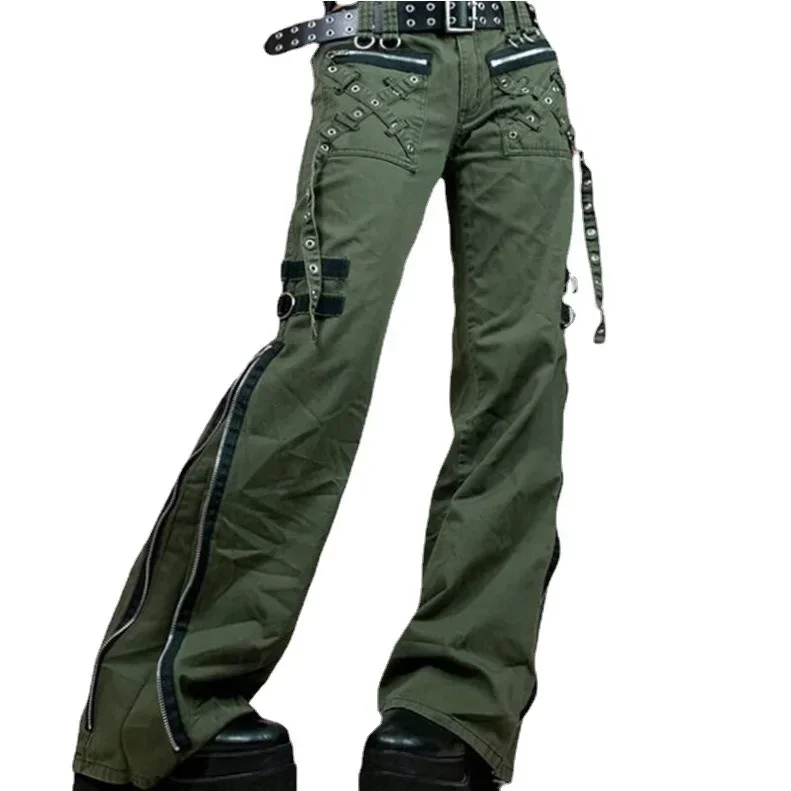 

New Women's Trousers Stocking European And American Bell-Bottom Punk Style Low-Waist Zipper Side Slit Cargo Pants