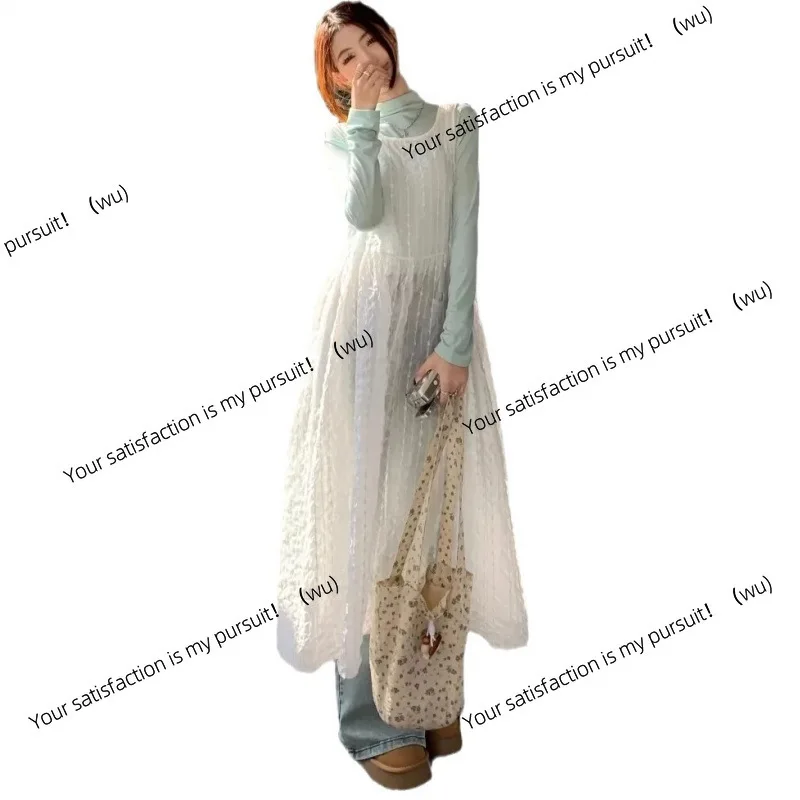 Renda branca ligeiramente transparente arco cinta vestido feminino início da primavera férias à beira-mar vento suspender saia solta saia longa