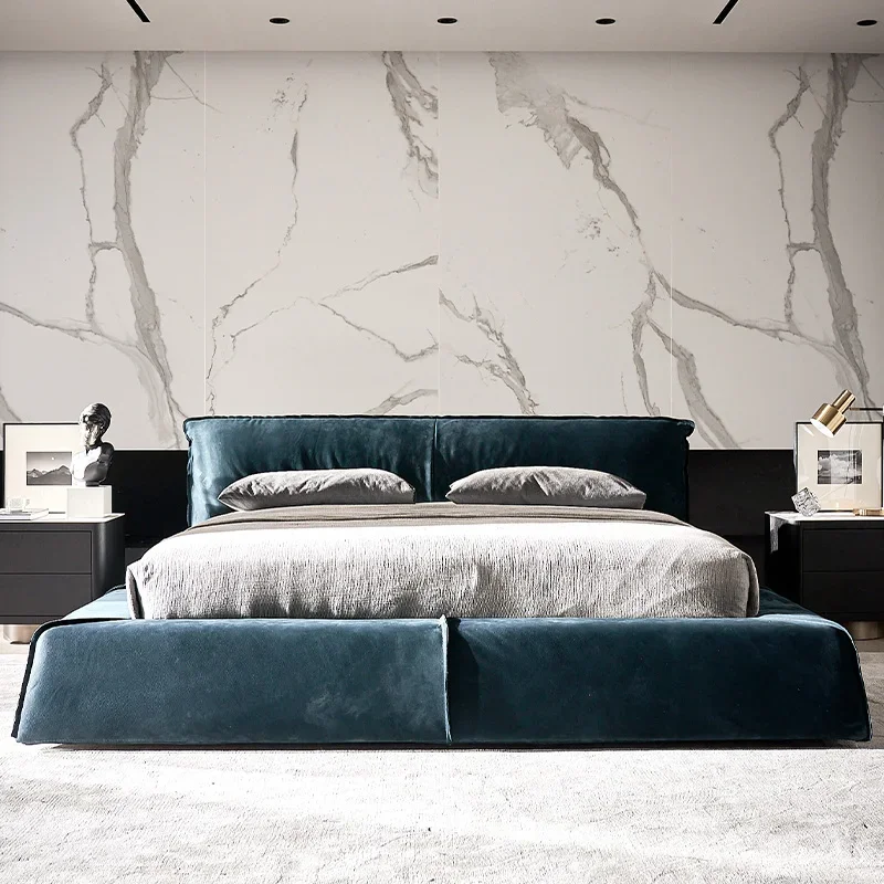 p*-p*-Frosted cloth Double bed high-end designer queen frame luxury 180x200cm bed Headboard modern cama casal bedroom furniture