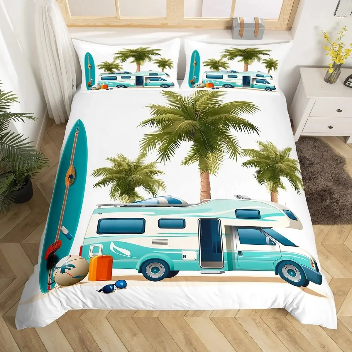Funda nórdica Happy Camping, juego de cama para Camper, plantas, viajes al aire libre, funda de edredón de aventura, funda de edredón para Camper, coche, cielo azul