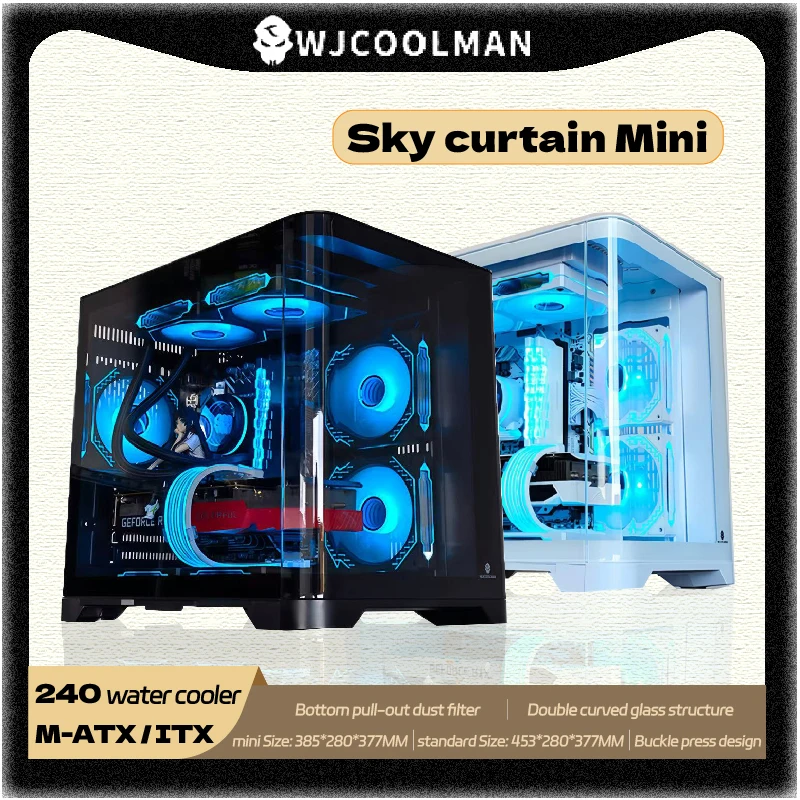 WJCOOLMAN Sky curtain Mini PC case Hyperboloid glass sea view room MATX/ITX computer case 240/360 water cooler gabinetes gamer