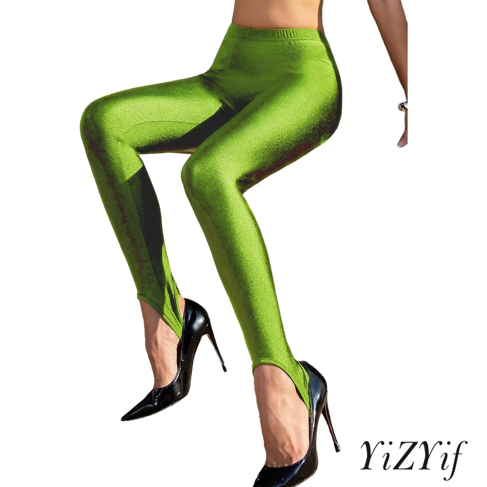 Women High-Shine Stirrup Leggings with Elastic Waist Body Contouring Fit Gymnastics Yoga Pants for Club Dance Studio Wear