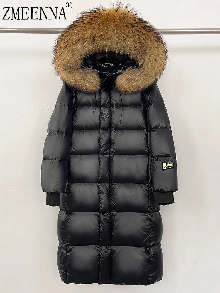 

ZMEENNA Womens Long Shiny Puffer Coat Quilted Square Stitching Huge Fur Hood Warm Winter Outerwear Full Zip Black ZM4467