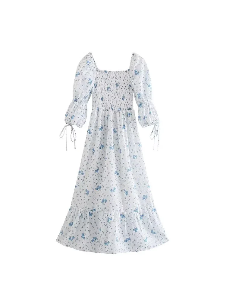 Neues Damenkleid im europäischen Stil, modisch und vielseitig, mit einem stilvollen Bindeband und einem bedruckten Design.