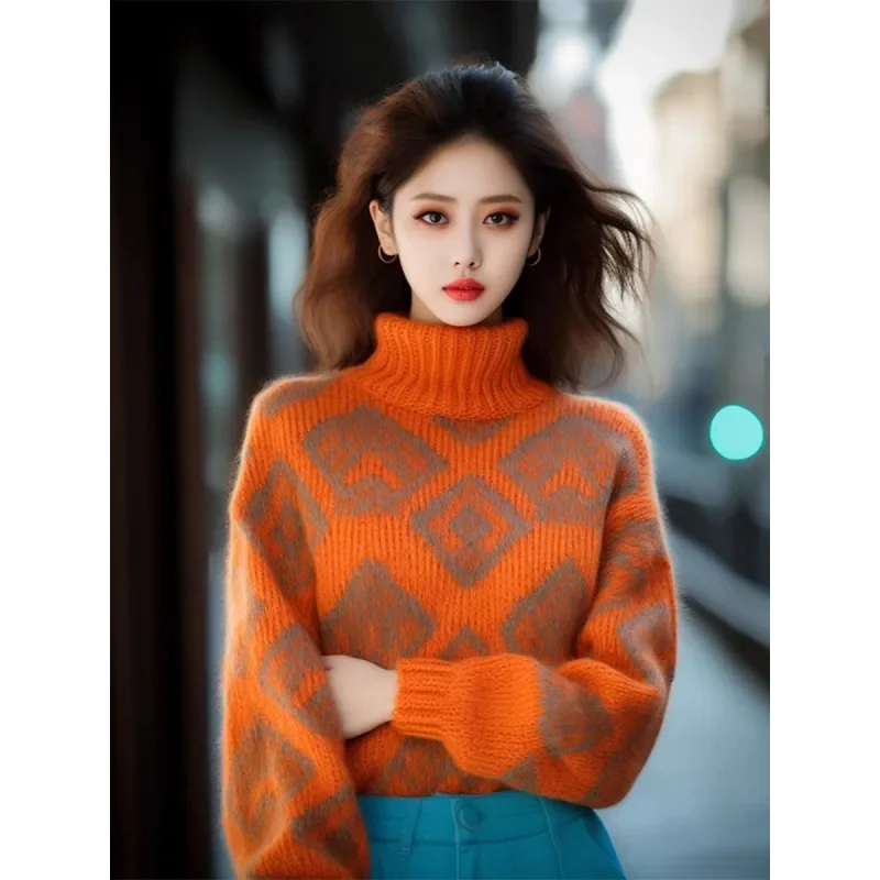 سترة جميلة محبوكة بلون اليقطين بياقة عالية مطرزة باللون البرتقالي سترة خريف وشتاء ملابس تريكو نسائية عصرية #1