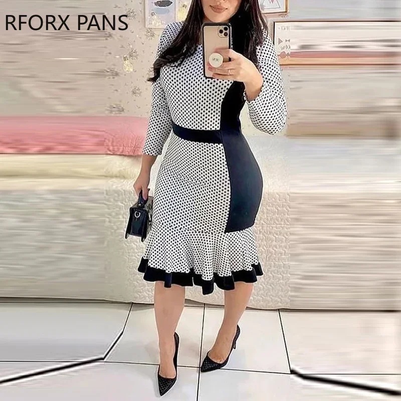 Women Elegant Chic Polka Dot Patchwork Round Neck Wrist Mermaid Bodycon Midi Working Dress