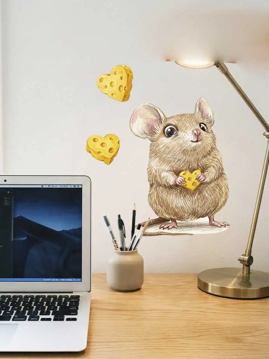 Little Mouse Love Cheese Wall Stickers Self-Adhesive Bedroom Children's Room Background Home Decor Theme Wallpaper AA556