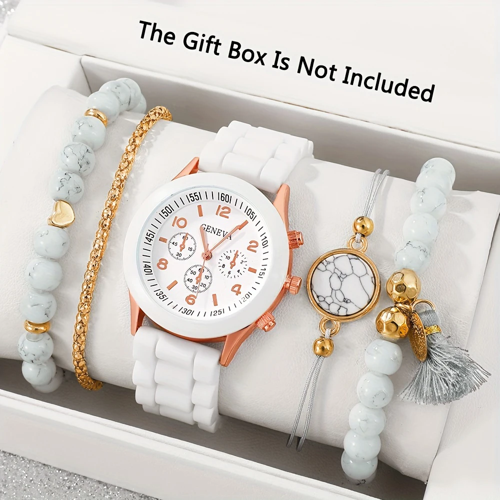 Elegant White Silicone Strap Watch+bracelet Set, Electronic Movement, Precise, Durable Women's Watch (no Box)