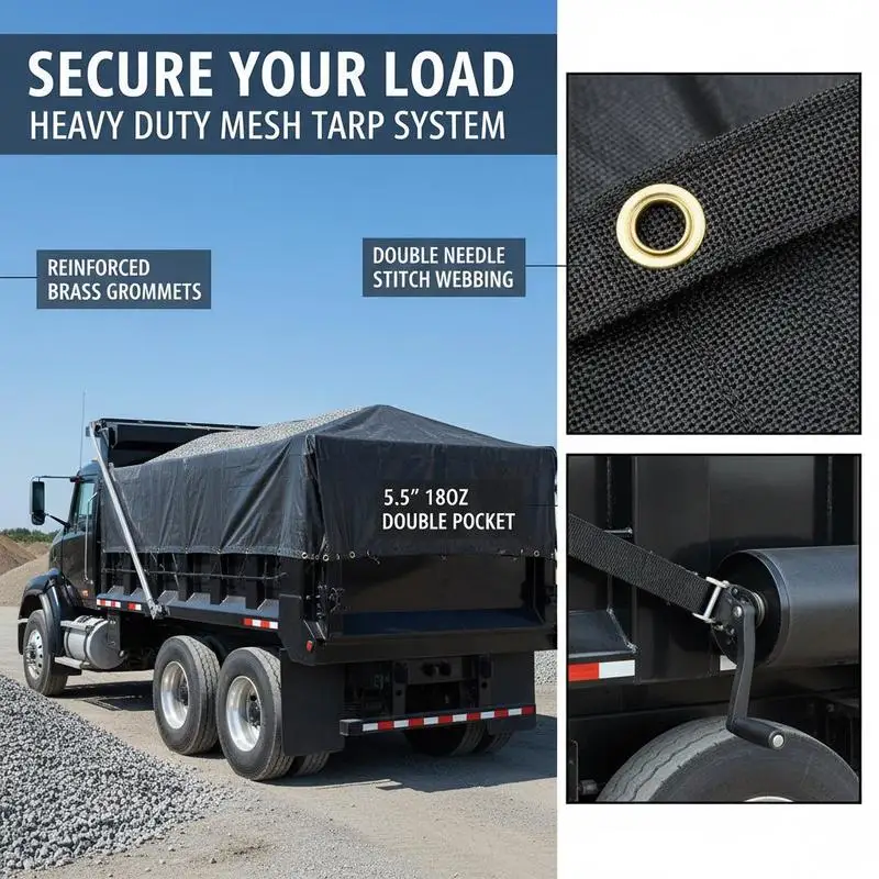 Free Shipping-PVC Coated Netting Cover 7 x 18 ft For Debris Hauling Waste Transport Gravel Delivery, 5.5 Inch 18oz Double Pocket Brass Grommets Reinforced Double Needle Stitch Webbing Manual Electric Dump Truck System Accessory view 3