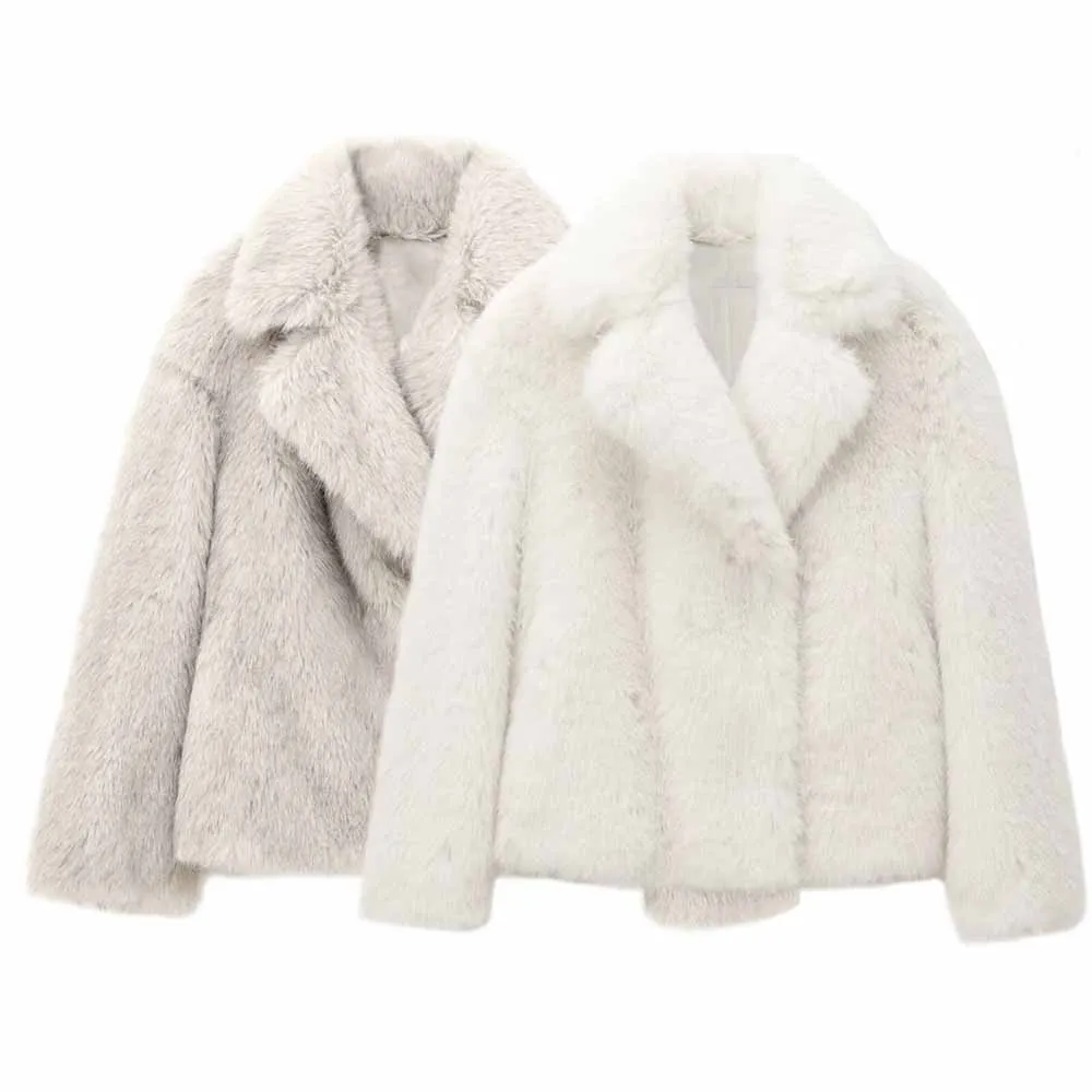 Nueva moda para mujer, chaqueta de lana con solapa de un solo pecho y efecto de piel sintética, abrigo retro de manga larga con bolsillo, top elegante para mujer