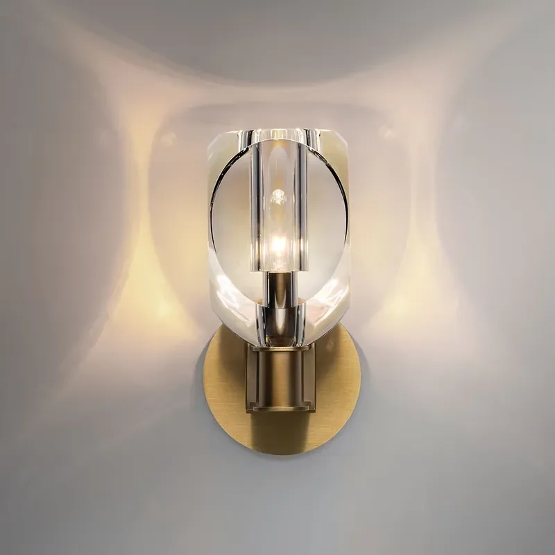 Modern Brass Frame Cut Crystal Glass Wall Sconce LED Wall Lamp for Bedroom Living Room Bathroom Vanity