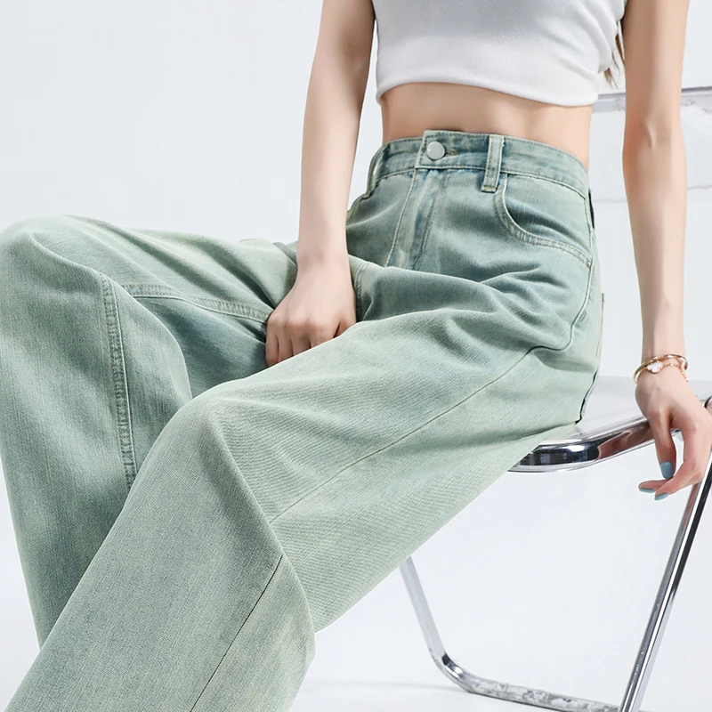 OUSSYU-جينز نسائي فضفاض مستقيم ، قطن ، ناعم ، خصر عالي ، مريح ، ريترو ، أزرق ، بنطال غير رسمي ، موضة