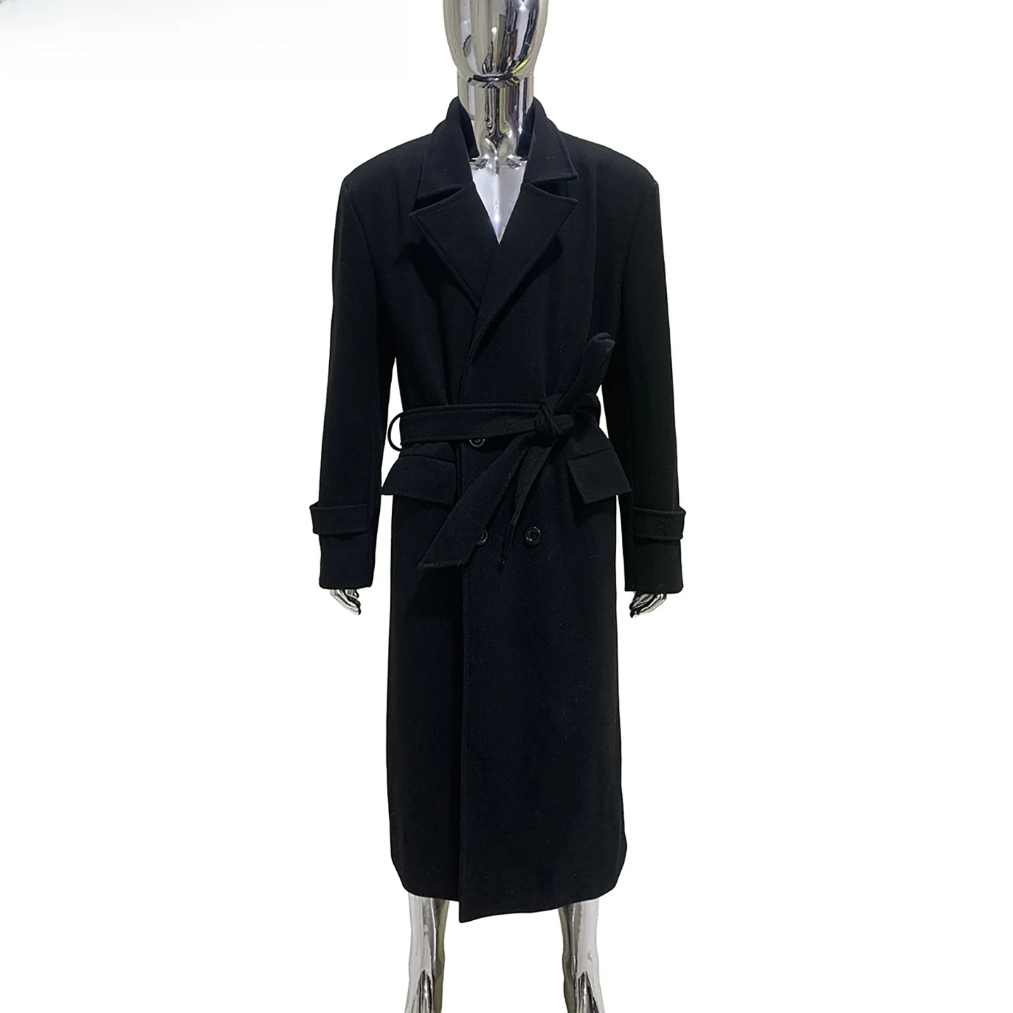Nerazzurri Men's Long Woolen Coat Double-Row Button Belted Black Suit Outerwear Standard Fit Business Casual Style Polyester ...
