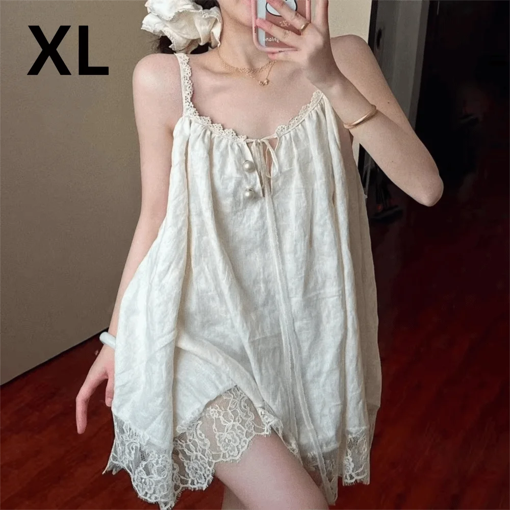 French Style Lace Trim Lace Camisole Dress Suspenders Bow Detail Nightgown Loose Fit Night Skirts Homewear