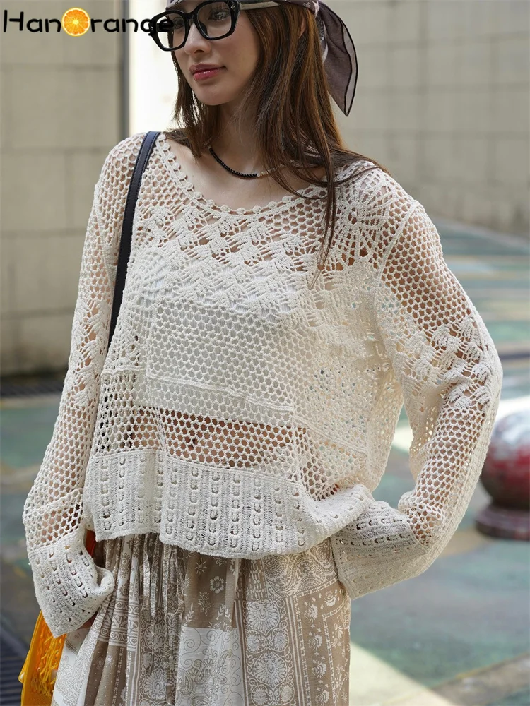 HanOrange 2025 Summer Lazy Heavy Feeling Hook Flower Hollow Knitted Sweatshirt Women Warm Skin Friendly Knitting Top Apricot