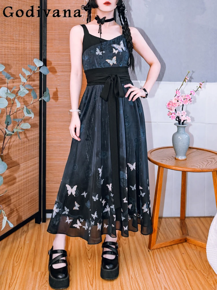 

Elegant New Chinese Butterfly Print Chiffon Sexy V-neck Suspender Skirt Girl Summer New High Waist A-line Loose Long Dresses