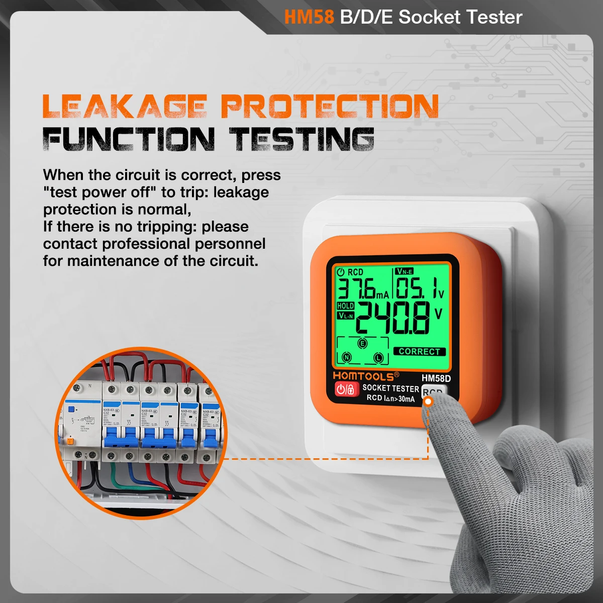 HOMTOOLS HM58 Digital Socket Tester Smart Voltage Detector RCD Ground Zero Line Polarity Phase Check Tool Circuit Checker