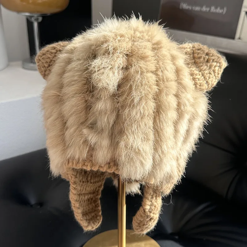 Stylish Rabbit Fur Knitted Beanie Hat Thickened Cold Proof Earflap Hat Luxurious Texture Warm Winter Hat For Women