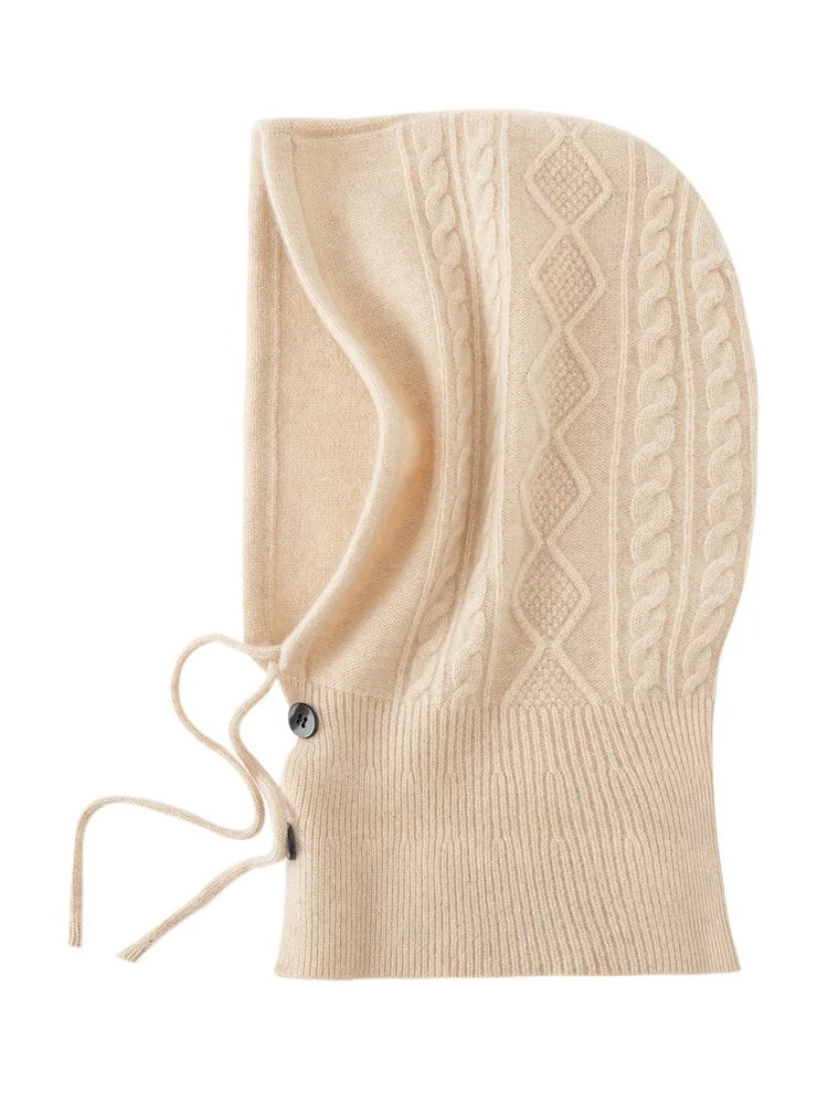 TLOML Women's 100% Cashmere Hat Drawstring Neck-protecting Integrated Knitted Hat Pullover Caps Casual Cashmere High Quality Hat