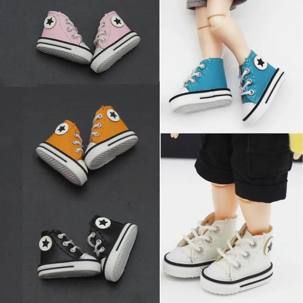 1 Pair Leather Leather Doll Shoes Star High Heel Doll Canvas Shoes Mini Fashion Dolls Shoes High-top Canvas Obitsu 11