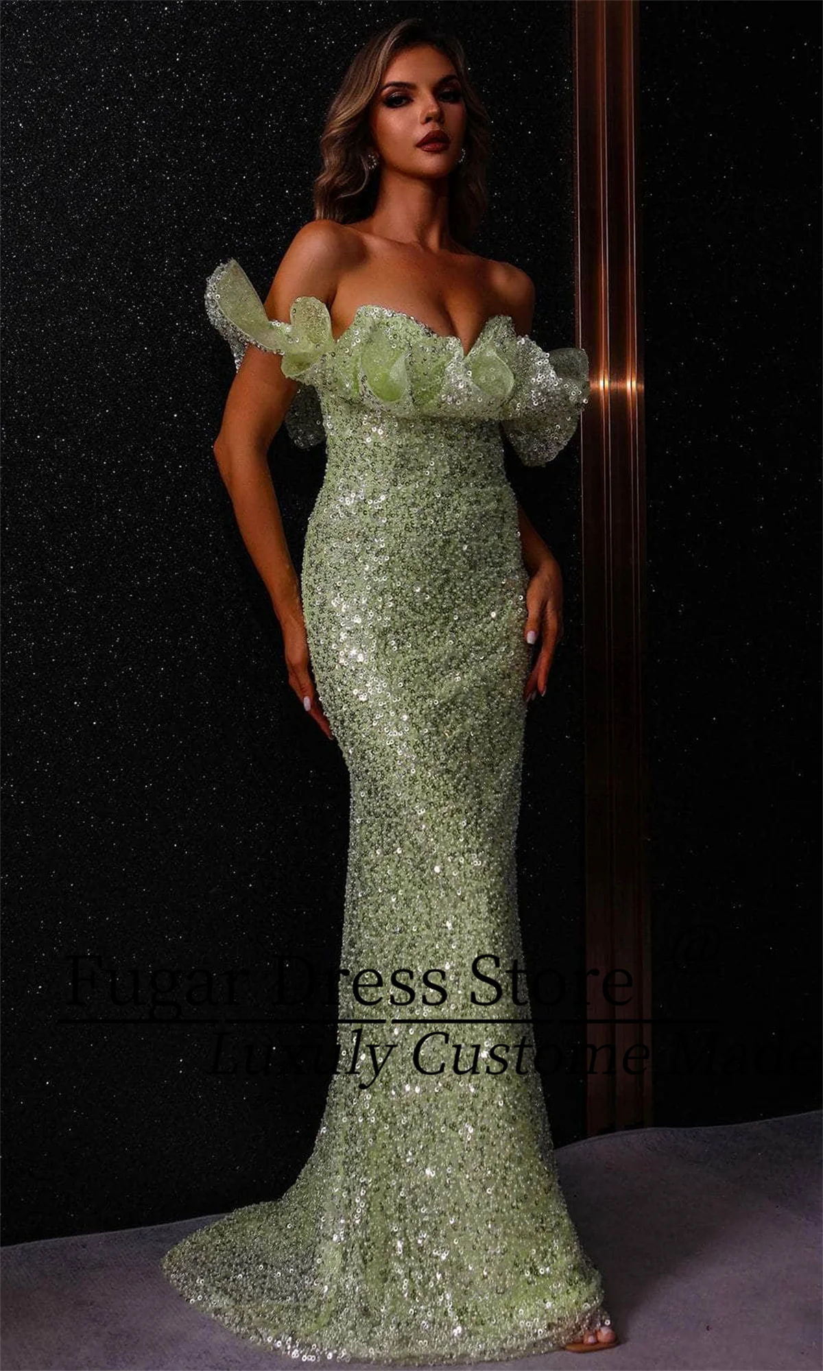 TIANTIAN Op maat gemaakt Schouderafhangend V-hals Heldere pailletten zoals sterren Prachtige lagen gestapeld sweep trein Galajurk فساتadro 2017-