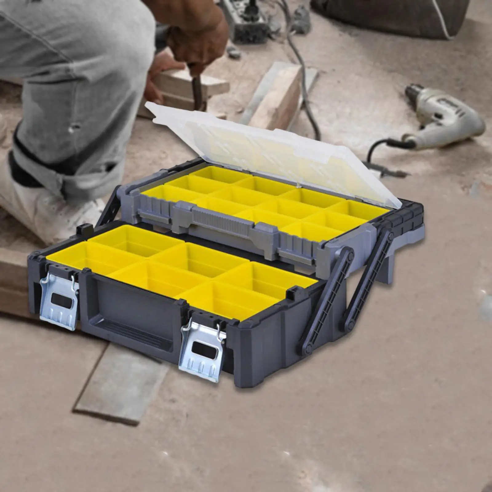 Multifunctional Tool Storage Container Portable Case with Aluminum Handle Lockable Compartments for Workshop Garage Car Home Use