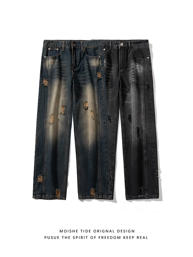 

American Retro Waed Ripped Denim Jeans Loose Straight Casual Pants ex Youthful Trendy Long Trousers Water Waed