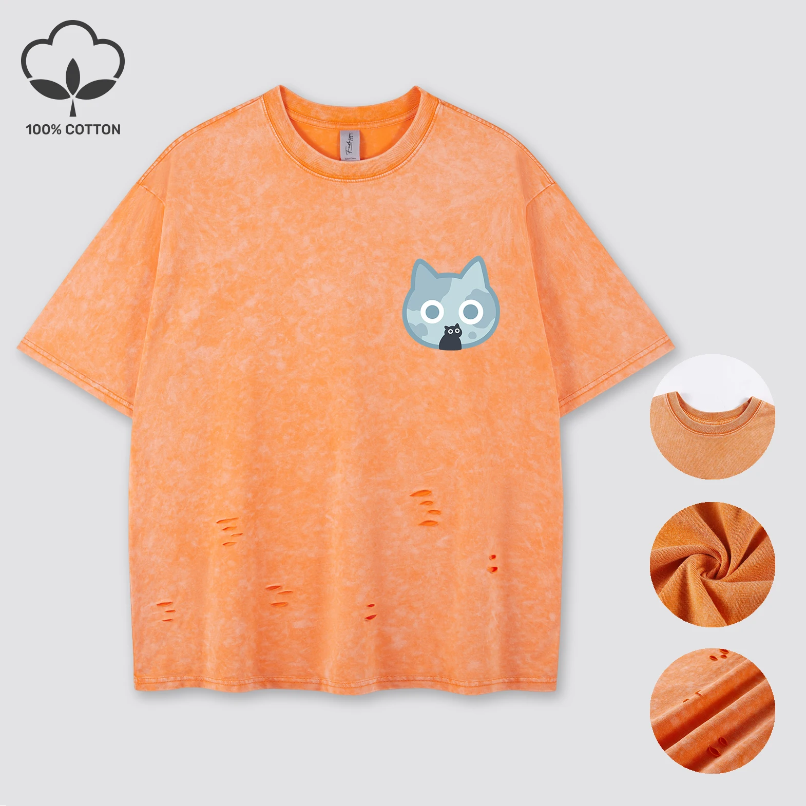 

Moon Black Cat Prints Washed Woman Holes T Shirt Summer Trendy Loose Tee Soft Cotton O-Neck Clothes Breathable Unisex Top