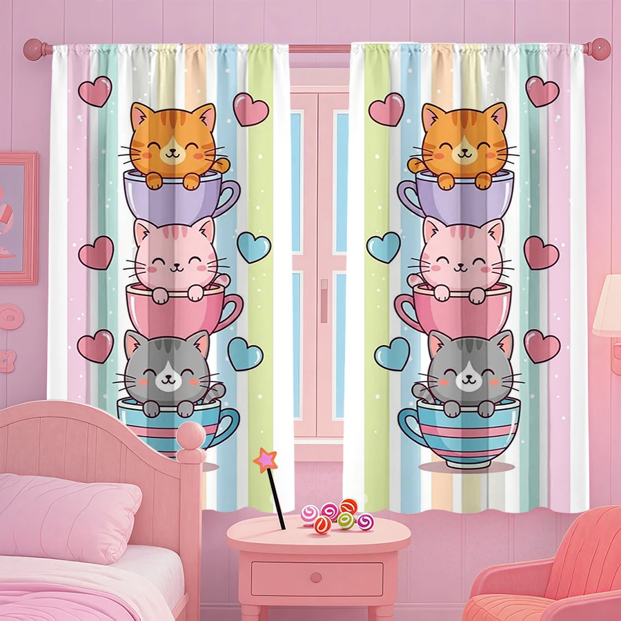 2-Pack Cute Stacking Cat Cup Curtains, Soft Striped Design, Light Filtering Fabric, Suitable for Bedroom Living Room Window