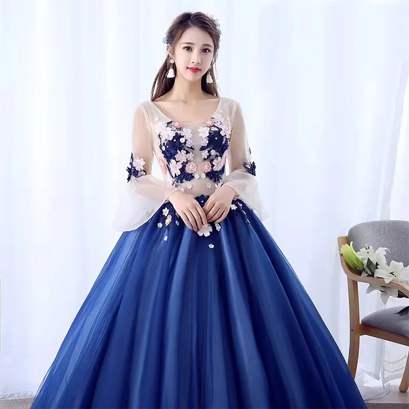 Elegant Navy Blue Quincenara Dresses Sheer Long Sleeve Applique Flowers Women Prom Dress Vestidos De 15 Años Quinceañeras 2024