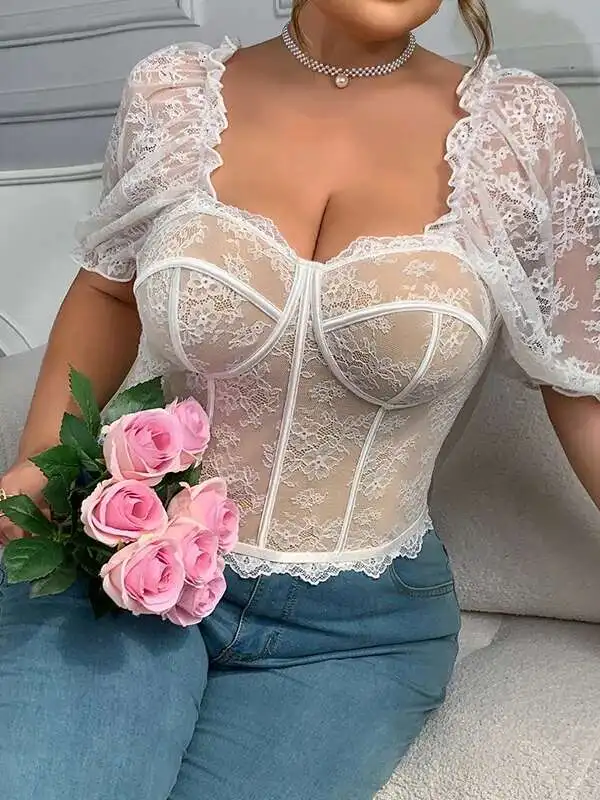 Lace Mesh Flower Embroidery Transparent Ruffle New Fishbone T-shirt Puff Sleeve Deep V Backless T-shirt Charming Elegant 3EBP