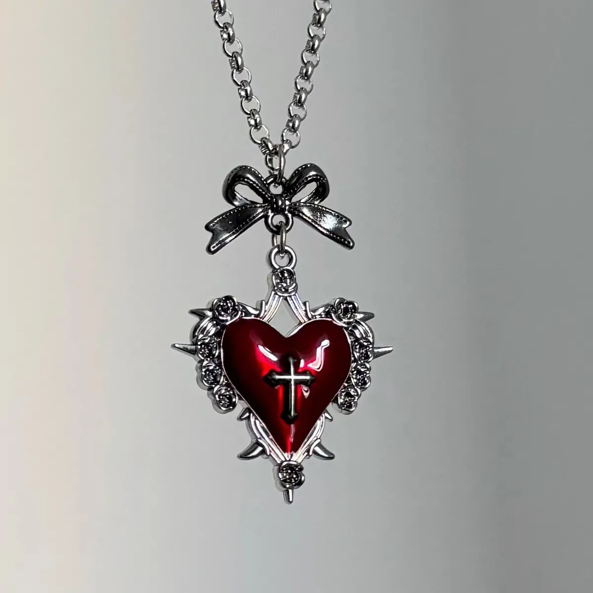 

Death Cross Heart Necklace, Gothic jewelry, rose, Thorn, bow, Vintage accessories, Y2k Choker, Witch, Pagan, For Women Man，Trend