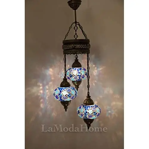 LaModaHome 35 + Unique Colors, 2020 Customizable Chandelier 3 Globes + Free 3 Bulbs, stunning Mosaic Turkish Lamp Moroccan Light