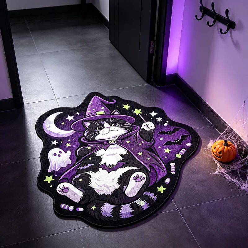VIKAMA Halloween Magician Cat Irregular Doormat Ghost Star Moon Pattern Non‑Slip Floor Mat for Indoor Entryway Holiday Decor