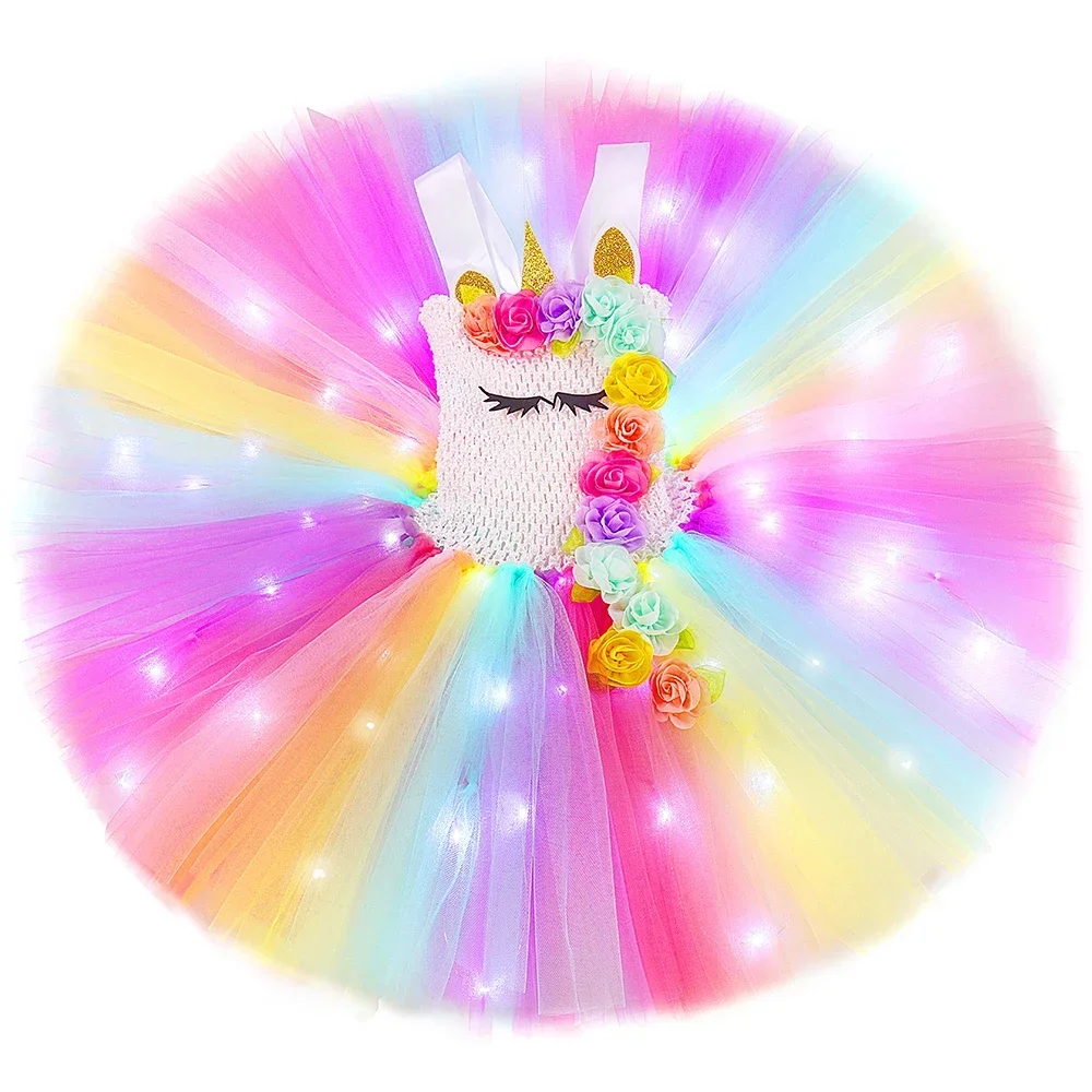 Robe de princesse licorne pour filles, tenue Tutu à fleurs, lumineuse LED, pour fête d'anniversaire, Costume d'halloween