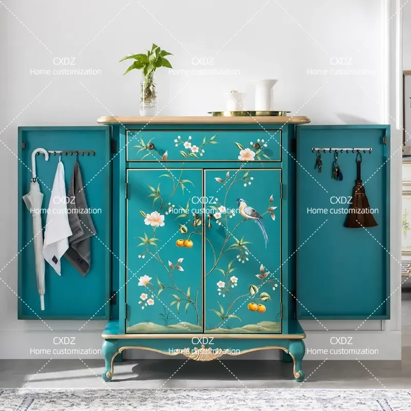 Shoe Cabinet Entrance Wall Mounted Foyer Storage Unit Hand Painted Blue Decorative Console Table for Hallway Living Room