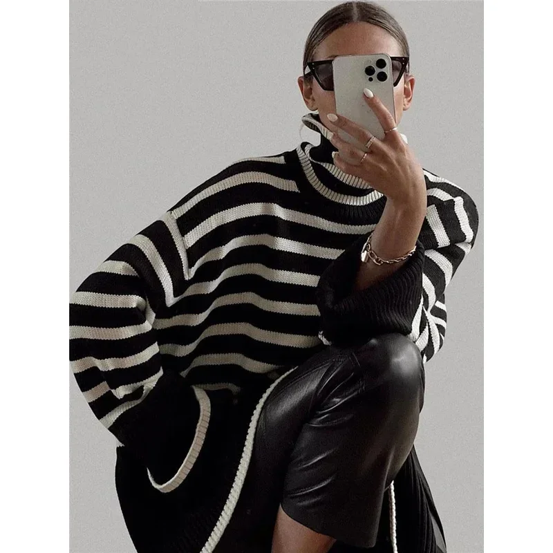 

Черно-белый полосатый свитер, уличная одежда, свободные топы, женский пуловер, женский джемпер, водолазка с длинными рукавами, вязаные свитера в рубчик