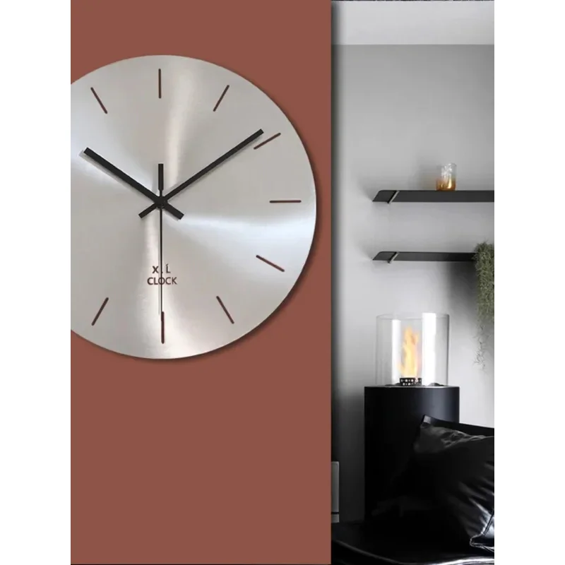 Modern Art Minimalist Round Silver Decorative Stainless Steel Material Wire Drawing Process Living Room Wall-Mounted Clock