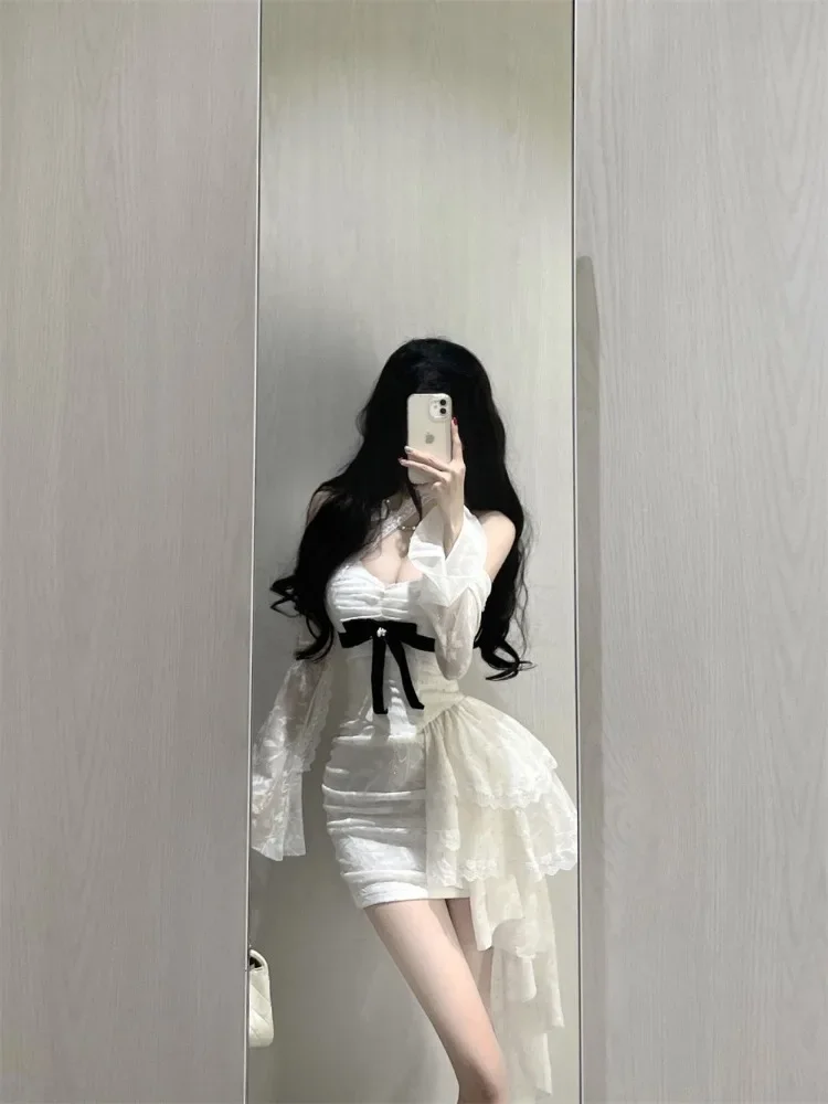 แฟชั่นหวานปิดไหล่ลูกไม้เสื้อแขนยาวMujerฤดูร้อนใหม่Vestidos De Mujer Y2k SlimเอวBodyconชุดผู้หญิง