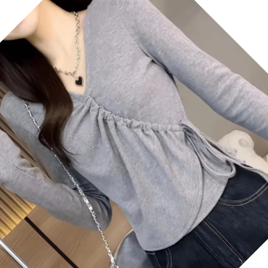 Large Size Women's Clothing Spring And Autumn New Casual Slim And Thin V-neck Drawstring Strap Irregular Long-sleeved T-shirt