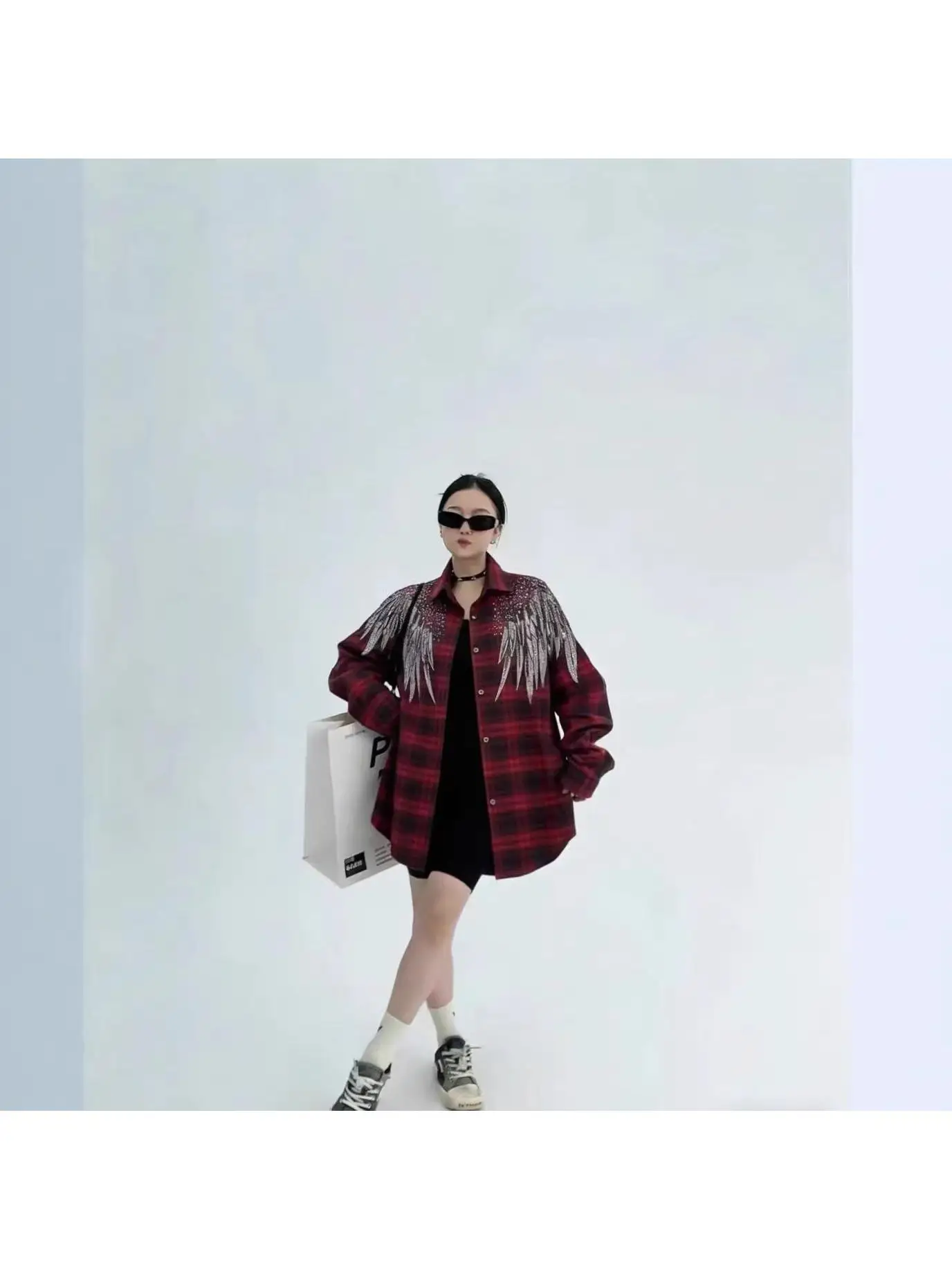 Spring 2026 Women's Heavy Duty Glitter Front And Back Loose Fit Midi Shirt Trendy Plaid Pattern Turn down Collar Long Sleeve