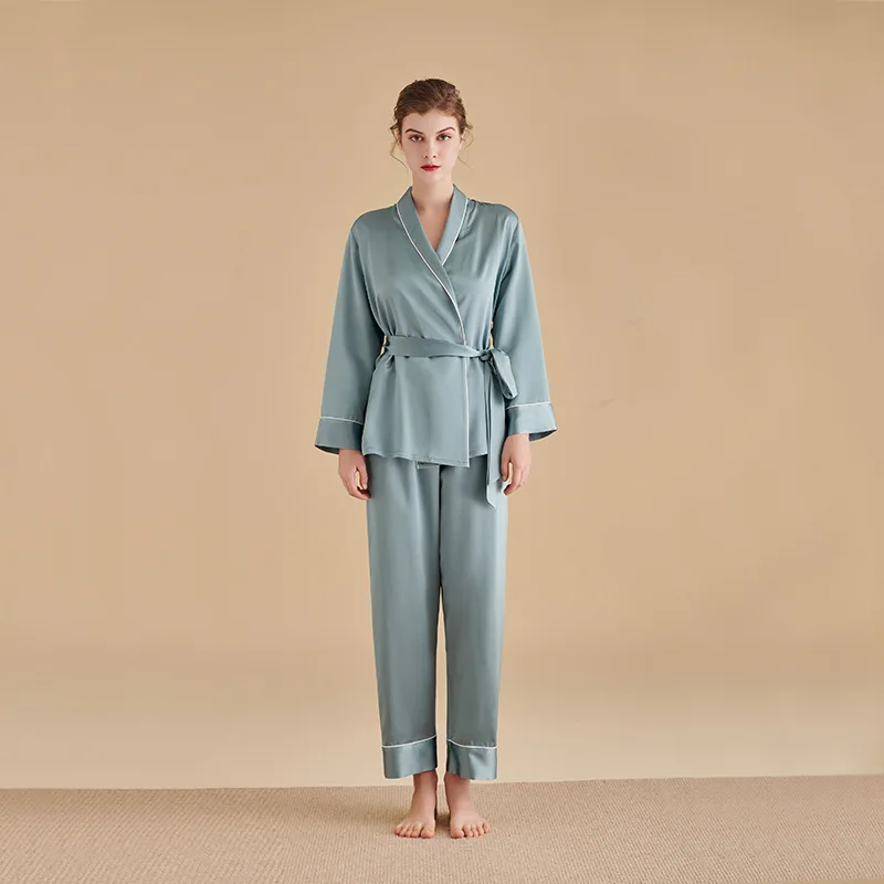 22mm Mulberry Silk Solid Pajamas Set Sleepwear Organic Belted Sleep Two Pieces Set Home Wear Luxury Women's Loungewear Pyjamas