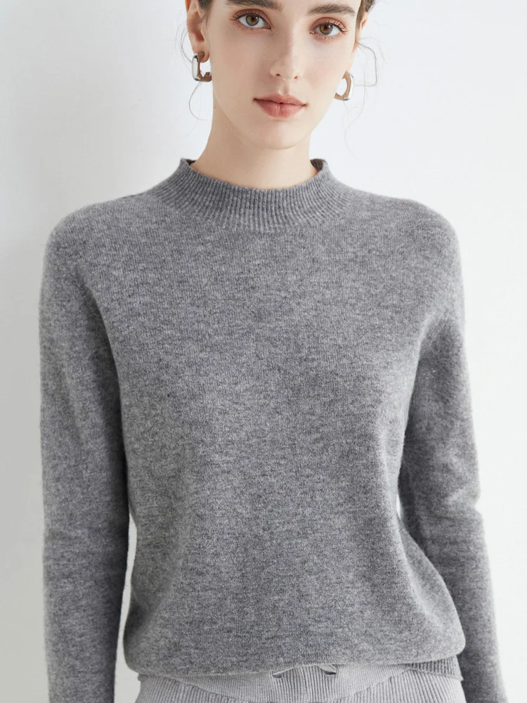 Autumn Winter Solid Mock-neck Pullover Sweater For Women 100% Merino Wool Casual Cashmere Knitwear Female Clothing Basic Tops