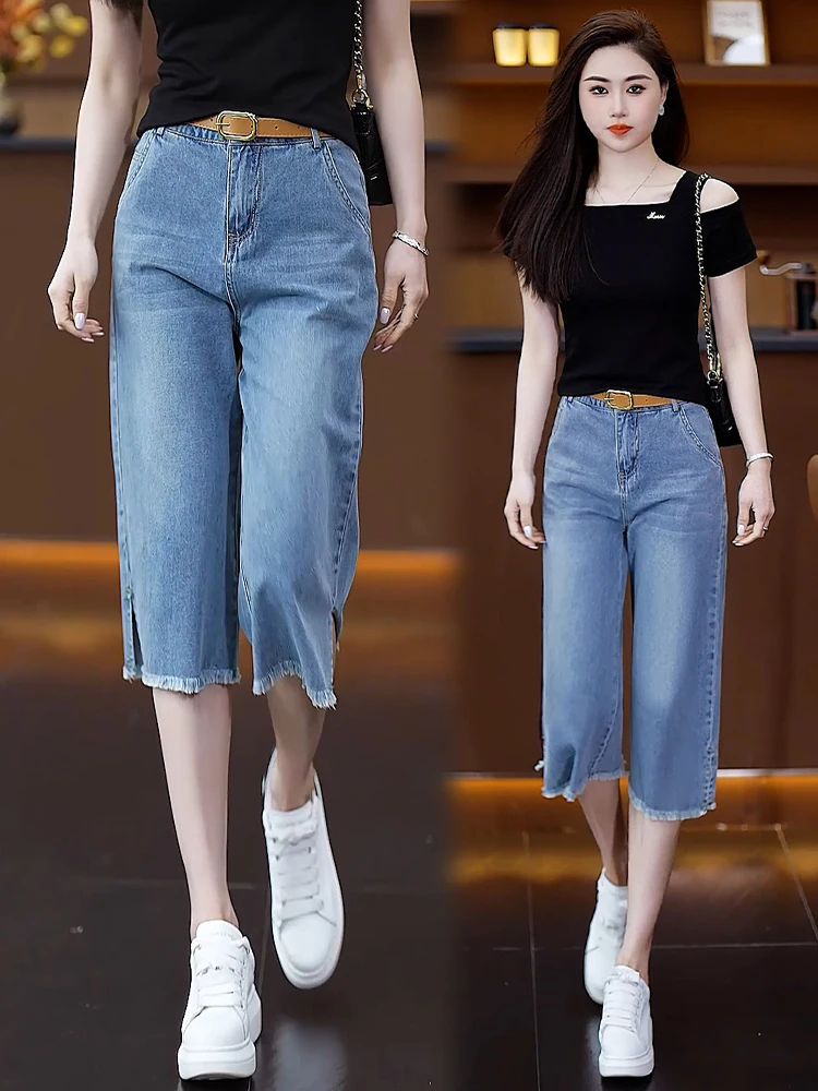 

High Waist Straight Leg Jeans Women's Summer Thin New Style 2025 Slimming Mid-Calf Pants Small Size Slit Seven-Foot Jeans
