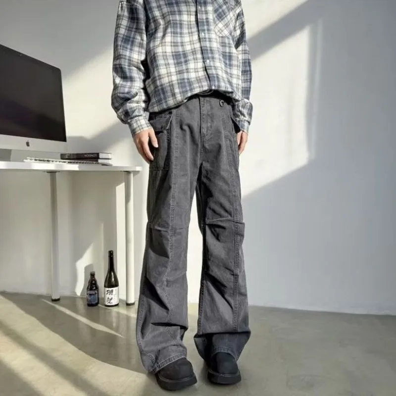 

American High Street Retro Paratrooper Pleated Overalls Trousers Men's Straight Slim Casual Jeans