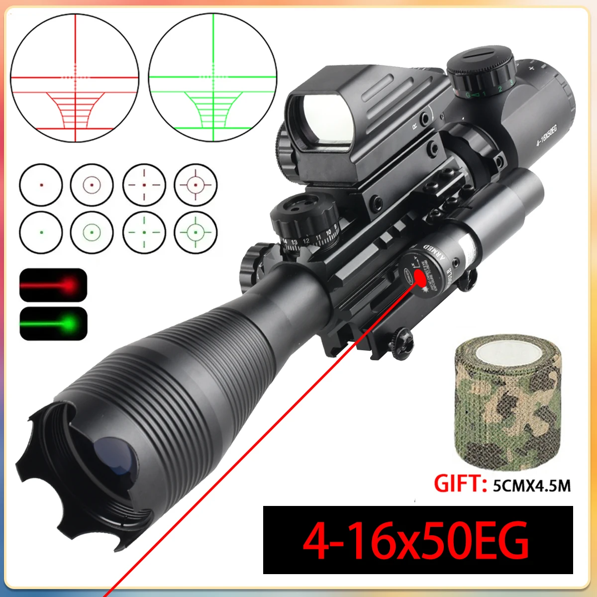 

4-16x50EG Tactical Riflescope with Red/green Laser Combo Optical Sight Long Range Shooting Rifle Scopes Hunting Airsoft Scope