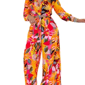 2024 ربيع وصيف بدلة مطبوعة جديدة بأكمام طويلة للنساء أزياء طية صدر واحد قميص بنطلون ساق عريضة مجموعة قطعتين أفضل 12 مجموعة من السراويل والبلوزات الاجتماعية للمبيعات - No4