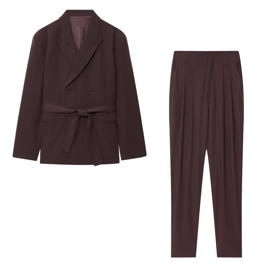 

Осенне-зимняя новая женская одежда, пояс с украшением, двубортный пиджак с длинными рукавами и лацканами, повседневные брюки с высокой талией