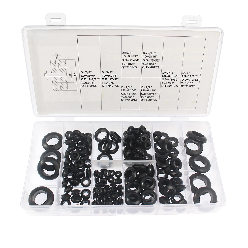 180PCS Black Rubber O-ring Kit - Guard Rings, Sealing Rings, and Oil Retainer Washers - Rubber Car Rings Set in a Box