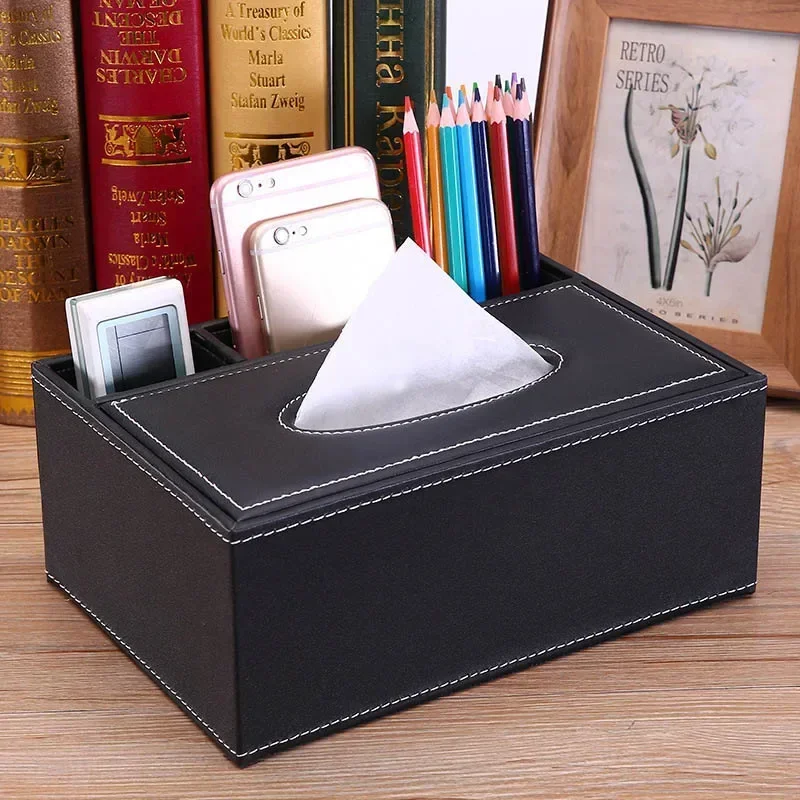 Leather Tissue Box Cover Desk Makeup Cosmetic Organizer Remote Controller Phone Holder Home Office Tissue Paper Napkin Holde